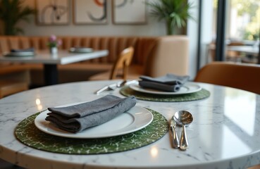 Obraz premium Two table settings with plates napkins and cutlery in a modern Spanish restaurant. Empty place settings await diners at white marble tables in a chic eatery.