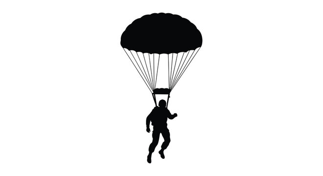 A skydiver descends with an open parachute against a white background silhouette