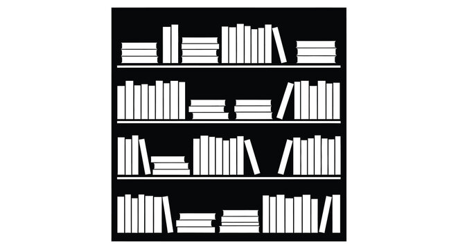 Bookshelves filled with books presented as a stark white silhouette