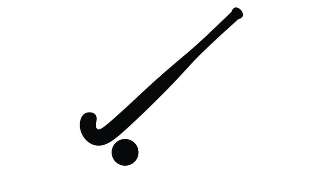 A simple black silhouette of a field hockey stick and ball
