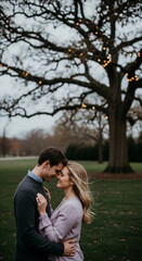 Fototapeta premium A couple embrace in park, head to head, below a large tree with lights, representing connection, romance, and affection in an outdoor setting