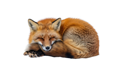 Obraz premium lone wild red fox with fiery-orange fur curled tightly, sleeping soundly on transparent snow under soft morning light with deep bokeh. concept of wildlife survival and tranquility