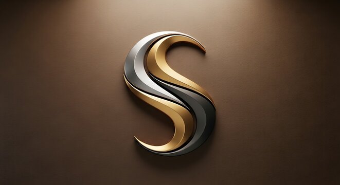 A sleek and modern silver and gold logo on a brown background