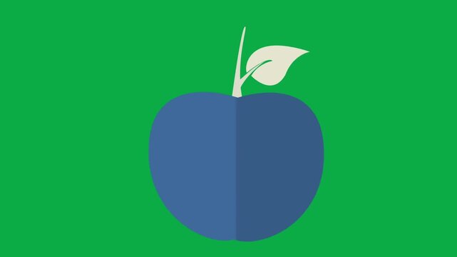 Flat design blue apple animation with leaf popping up on green screen background