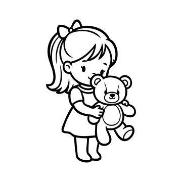 Dibujo minimalista con l&iacute;neas de una ni&ntilde;a feliz de pie, con ropa informal, llevando abrazando a un oso de peluche