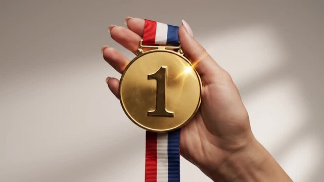 Gold medal winner in hand success achievement first place victory. 4K Video