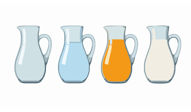 Minimal glass jug set with water juice milk and empty container flat vector illustration isolated on white background