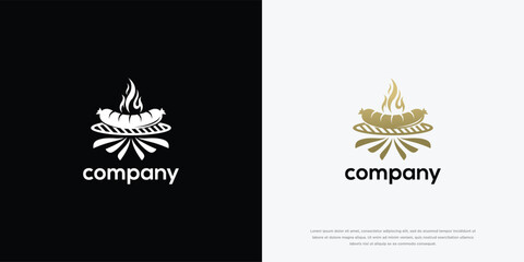 Naklejka premium Sausage On Grill Logo Design