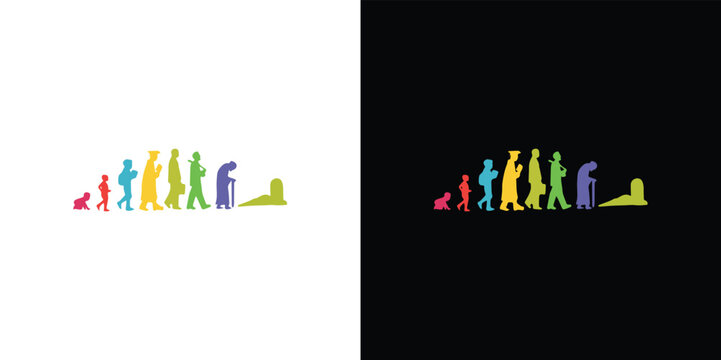 Evolution of humans in rainbow colors on white and black backgrounds human evolution silhouettes