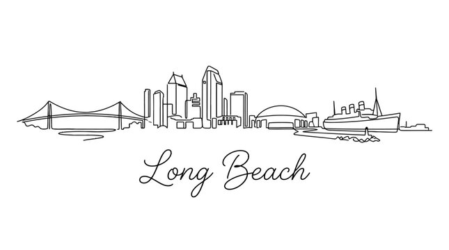 Minimalist Line Drawing of Long Beach Skyline Featuring Iconic Structures and Waterfront Scene