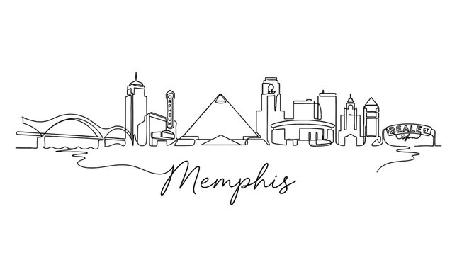 Elegant line art illustration of Memphis Tennessee skyline featuring iconic buildings and bridges with a handwritten city name