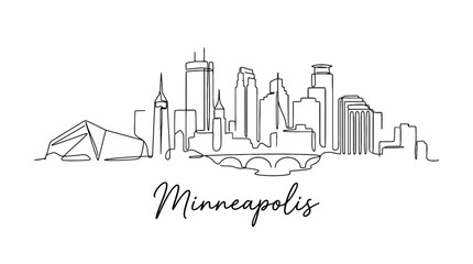 Fototapeta premium Elegant minimalistic line art illustration of the Minneapolis city skyline with iconic buildings and the word Minneapolis in