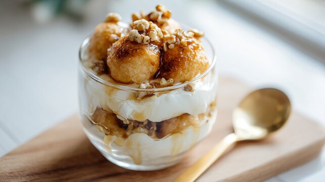 Loukoumades layered into a dessert cup with Greek yogurt and honey between layers, topped with crushed walnuts and styled in bright airy brunch lighting
