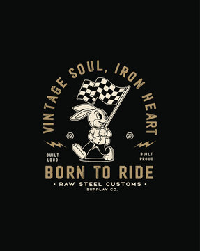Vintage cartoon rabbit racer holding checkered flag Born to Ride