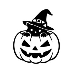 Logotipo con dibujo minimalista de un gato negro con sombrero de bruja, asomando de una calabaza tallada de Halloween, para su uso en felicitaciones y tarjetas © teracreonte