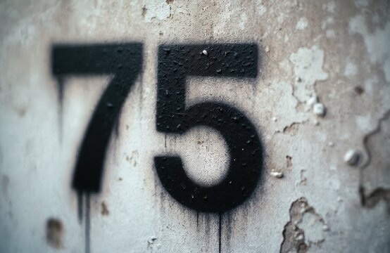 Black spray painted number 75 on distressed concrete wall. Weathered surface texture shows age and wear. Abstract background graphic element.
