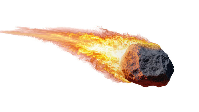 Burning rocky meteorite streaking through atmosphere with fiery tail
