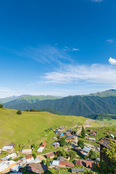 Omalo village landscape, Upper Omalo in Tusheti, Georgia, with Tush towers. Omalo is an ancient village located in a popular hiking area in Tusheti, Georgia