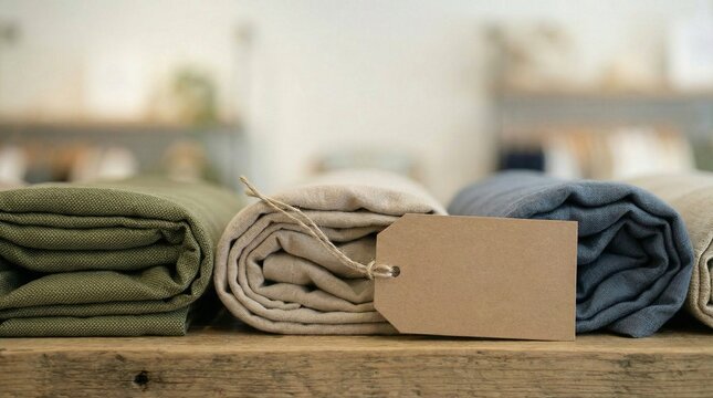 Rolled linen textiles and blank tag in realistic style, earthy green and blue colors, represents eco-friendly apparel or home decor on a wooden surface with copy space.