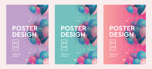 Poster design set with festive colorful helium balloons. Celebrate a birthday, graduation, happy anniversary. Vector illustration © Ivan Kopylov