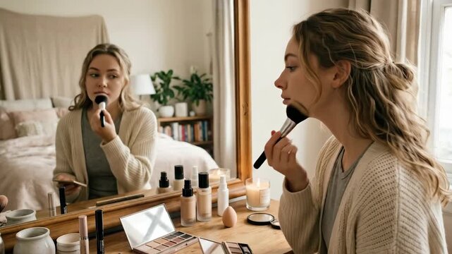 A young woman doing her makeup in front of a mirror, soft interior light, tidy vanity details, intimate daily-routine atmosphere, ultra-realistic, no logos.