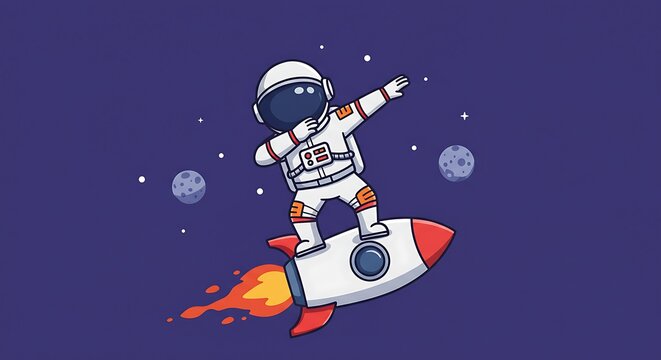 Dabbing Astronaut Soaring on Rocket Through Space