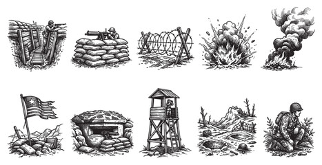 Obraz premium This collection of black and white line art illustrations depicts various scenes from World War I combat, including trenches, barbed wire, explosions, and soldiers.