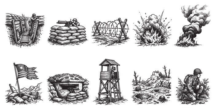 This collection of black and white line art illustrations depicts various scenes from World War I combat, including trenches, barbed wire, explosions, and soldiers.