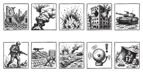 Naklejka premium A collection of black and white comic panels depicts various war-related scenes including destruction, explosions, a tank, a soldier, and a person in a tent.