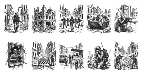 Obraz premium Black and white illustration of soldiers in a destroyed city, depicting combat and vigilance with rifles, tanks, and debris strewn across streets.