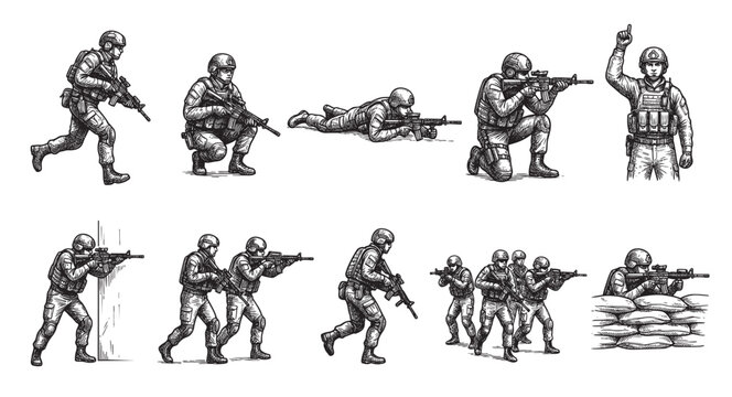 A collection of illustrations depicting soldiers in various combat stances and actions, executed in a classic black and white sketch style, ideal for conveying military themes.