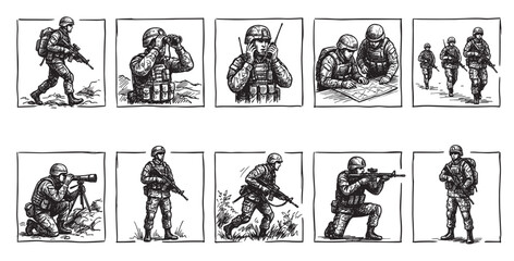 Obraz premium A hand-drawn sketch illustrating various action scenes featuring military soldiers in uniform, engaged in different activities like patrolling, using binoculars, communicating, planning.