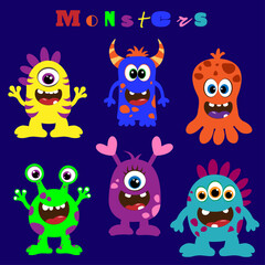 Fototapeta premium Set of 6 colorful cute cartoon monsters in flat style, funny kids characters, bright vector illustration