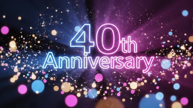 40th Wedding Anniversary Neon Lights Celebration Sparkle Background. 4K Video