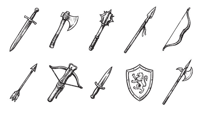 A vintage-style illustration depicts a variety of medieval weapons including swords, axes, maces, and shields, rendered in a detailed black and white sketch.