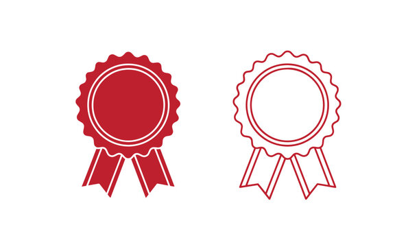 Red ribbons, two rosette one filled and one outlined, on white background, rosettes badges symbols