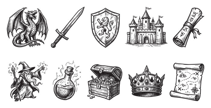 A collection of classic fantasy icons including a dragon, wizard, castle, treasure chest, sword, shield, crown, potions, and maps in a hand-drawn sketch style.