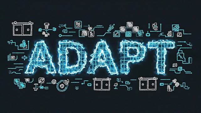 A video showcasing the concept of adapt with a neon sign and various technical symbols in a dark background
