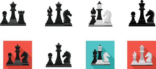 Chess pieces flat icon set, modern long shadow game strategy vector illustration collection isolated on colorful and white backgrounds © MDRAKIB