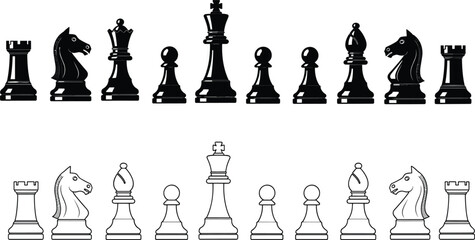 Chess pieces full set vector icons, black and outline board game figures king queen rook bishop knight pawn collection © MDRAKIB