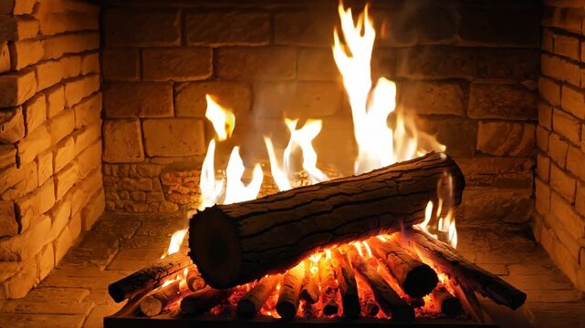 Flames dance around a large log resting on a bed of burning wood in a cozy fireplace, with warm light illuminating the stone wall background