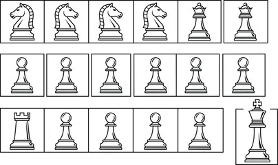 Chess pieces outline icon set, knight rook pawn king queen vector line illustration collection isolated on white background © MDRAKIB