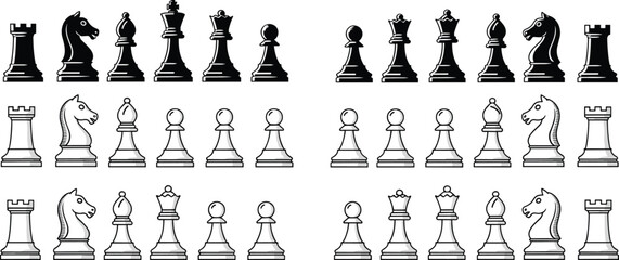Chess pieces set black and white vector icons, classic board game figures king queen rook knight pawn illustration collection © MDRAKIB
