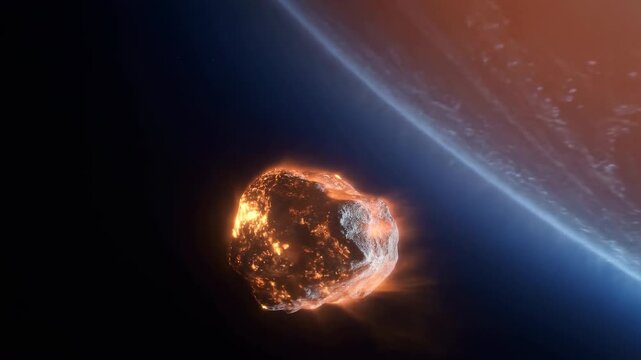 Asteroid Approaching Earth. Space Rock Nears Our Planet. Cosmic Projectile Moves Toward Terrestrial Entry
