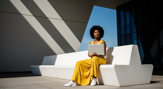 Woman with laptop sits on a bench near a geometric building. It represents modern life, work flexibility, and the combination of technology and style