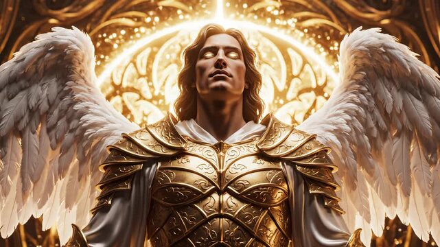 Angel with golden armor and white wings for commercial backgrounds, digital design, and advertising