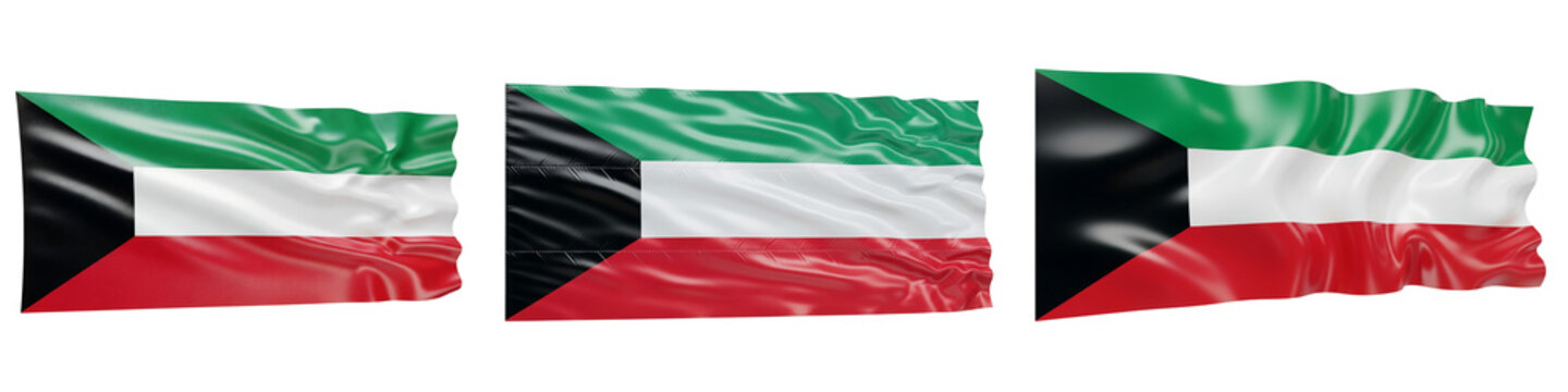Kuwait flag set waving banner collection Kuwaiti national flags On Isolated Transparent Background
