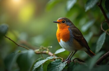 Fototapeta premium European Robin bird with bright orange breast sits on a leafy branch. Small songbird in green nature background. Cute wildlife passerine animal.
