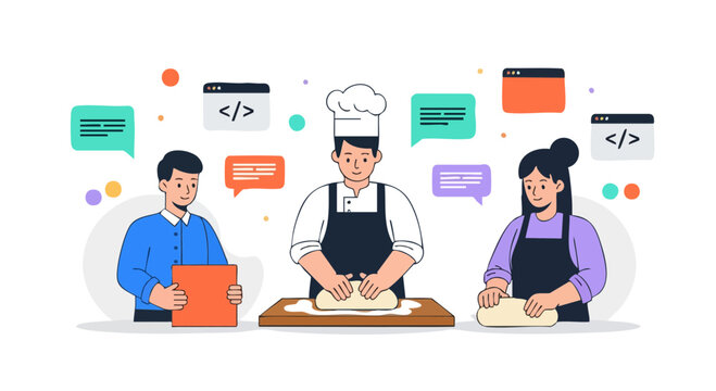 Professional Baker and Students with Digital Code and Chat Icons