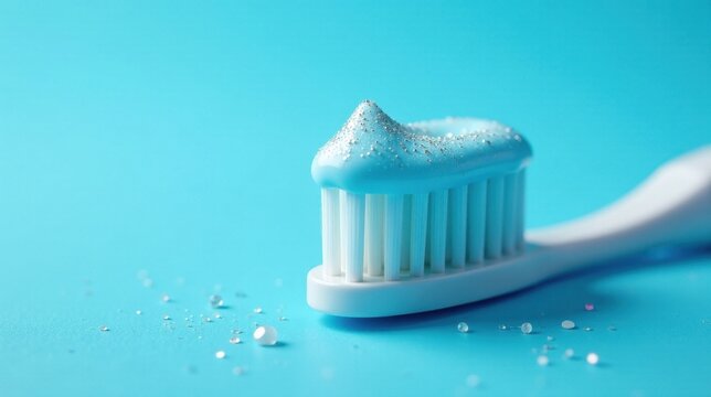 Close-up of a toothbrush with light blue toothpaste and shimmering particles on a vibrant blue background